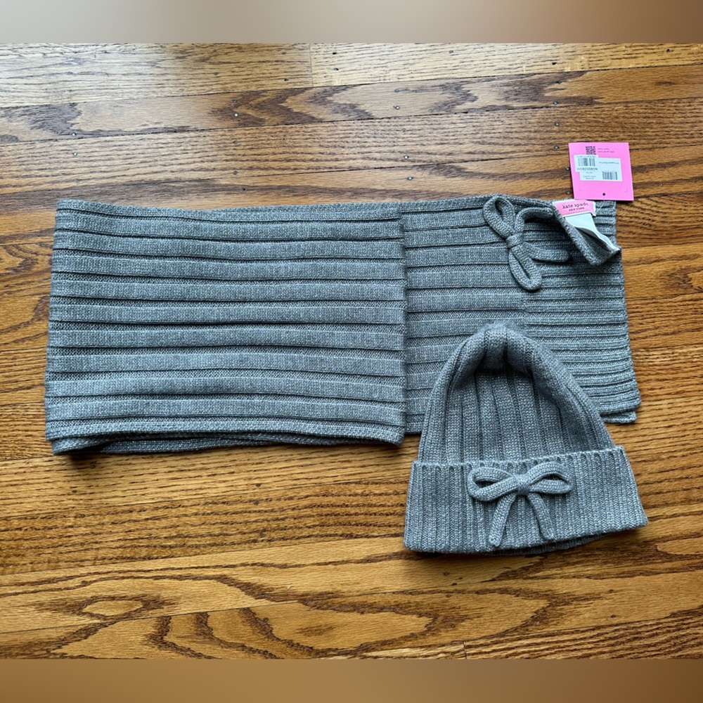 Kate Spade Knit Scarf and Hat set with Bow details, Grey, NWT